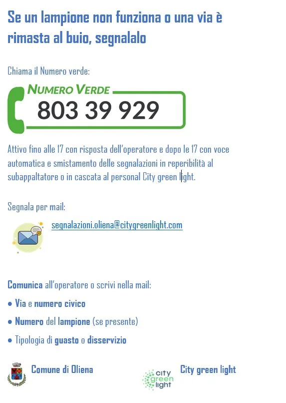 Avviso attivazione nuovo servizio di manutenzione impianto pubblica illuminazione