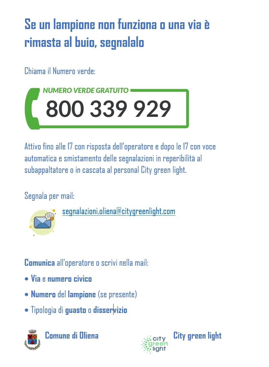 Avviso attivazione nuovo servizio di manutenzione impianto pubblica illuminazione
