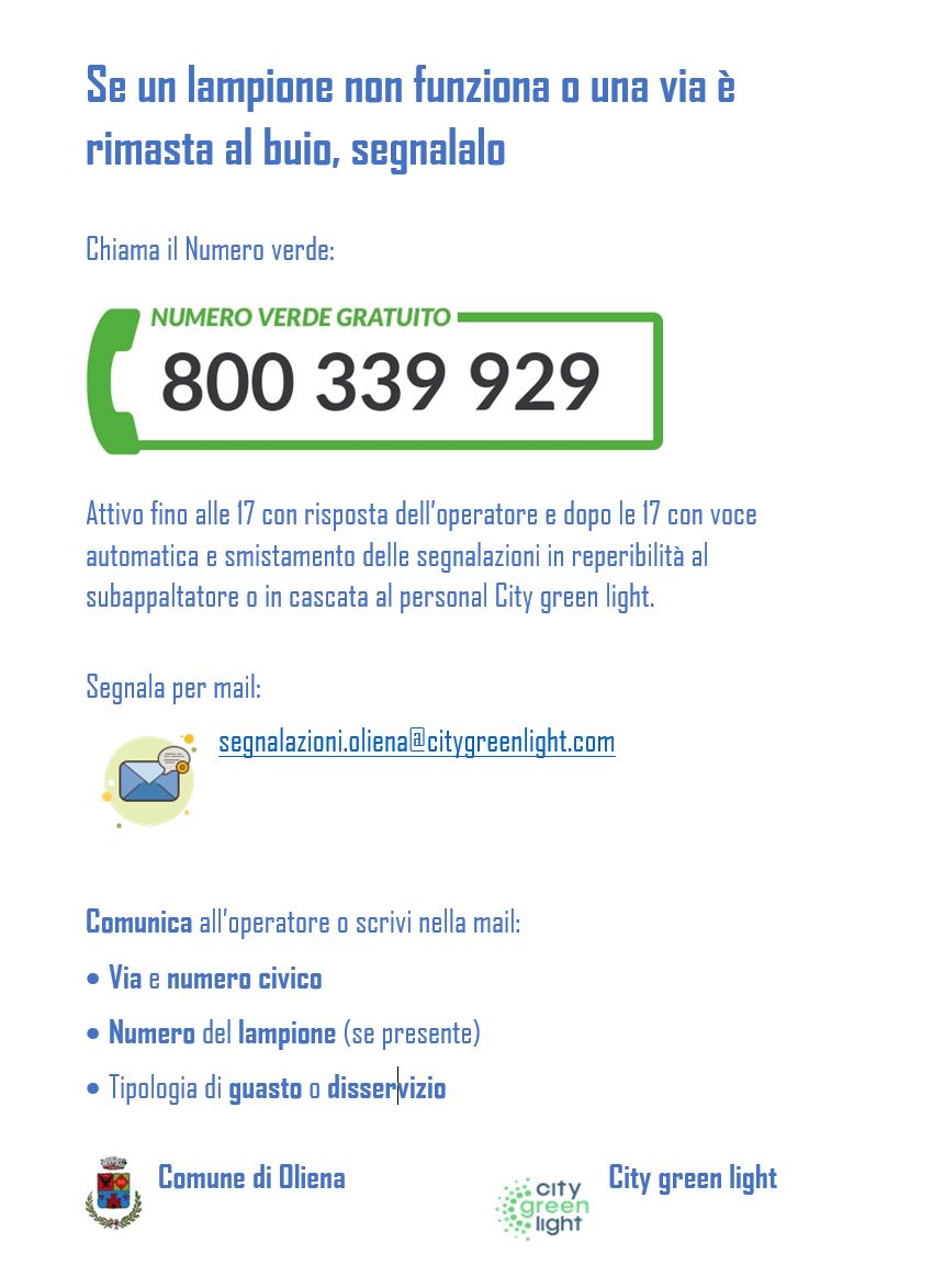 AVVISO ATTIVAZIONE NUOVO SERVIZIO DI MANUTENZIONE IMPIANTO PUBBLICA ILLUMINAZIONE